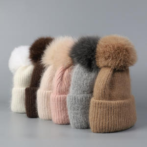 Ladies Fuzzy <span class=keywords><strong>Orange</strong></span> Fuchsia Warm Thick Ribbed Knit Laine Rabbit Hair Blended Fox Fur Pompom Beanie Tuque Winter Hat with Fur Ball - Product Image 2