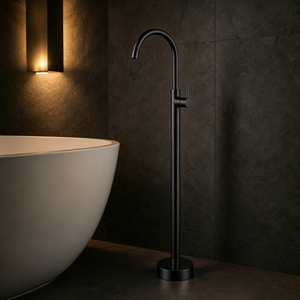 Robinet sur pied gris, finition minimaliste, monocommande, pour lavabo de salle de bain - Product Image 5