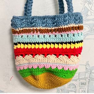 Bolso de Ganchillo Hecho a Mano Estilo Vintage para Niñas, Cilíndrico y Colorido, para Teléfono Móvil y Compras - Product Image 3