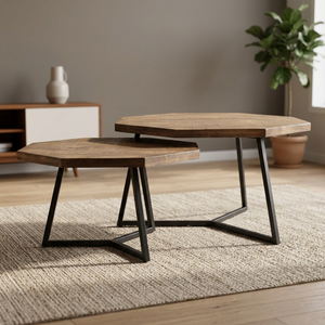Nordic Modern Octagonal Wood <b>Coffee</b> <b>Table</b> Set with Metal Frame Nesting Design <b>for</b> Living Room Furniture - Product Image 3