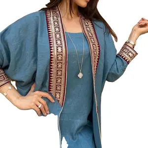 Customization 2 pieces Linen The Middle East Dress Dubai Women Muslim Floral Embroidery Abaya