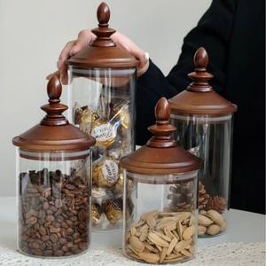 Pot en verre de rangement de qualité alimentaire, design <span class=keywords><strong>rond</strong></span> et pointu, style rétro européen, pour céréales et grains, pot à café haut de gamme avec couvercle en bambou - Product Image 1