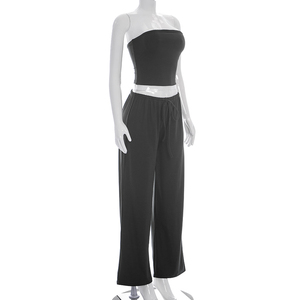 Viviblook D26ST119 Ensemble pantalon d'été pour femme Nouveau ensemble deux pièces décontracté couleur unie avec crop top sans bretelles et pantalon droit à cordon de serrage - Product Image 2
