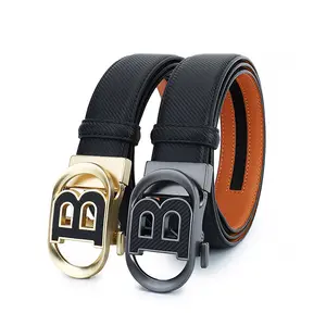 Best price casual belt men's top layer cow leather B shape automatic buckle pants belt leather click belt