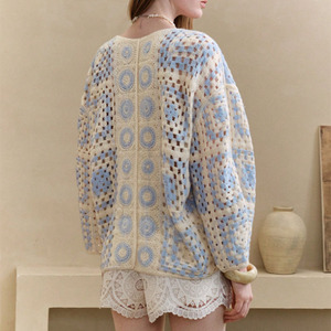 Cárdigan de Punto Holgado con Hombros Caídos y Cuello en V con Patrón Geométrico de Crochet para <span class=keywords><strong>Mujer</strong></span>, Estilo Boho para Vacaciones en la Playa - Product Image 4