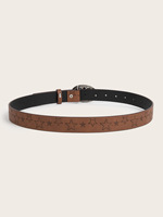 Cinturón de PU con Hebilla de Aleación y Estampado Étnico de Estrellas Marrones, Texturizado, de 2.8cm, Universal para Hombre y Mujer, Venta al por Mayor