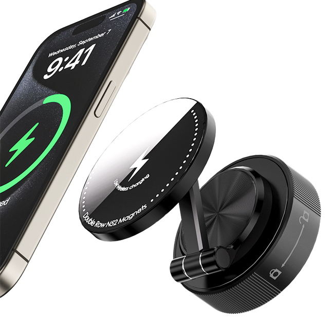 Foldable 15W Wireless Charger Slim Car Vacuum Phone Holder for iPhone 16 and 15 Strong Magnets Stand Mobile Phone Holder
