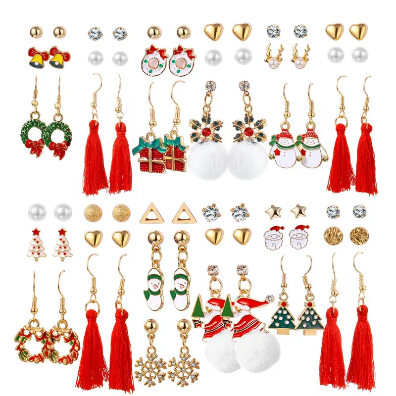 VKME New Giáng Sinh Hoop Earrings Mạ Vàng Bạc Kim Snowman Santa Tree Stud Earrings Đối Với Phụ Nữ Đảng Jewelry