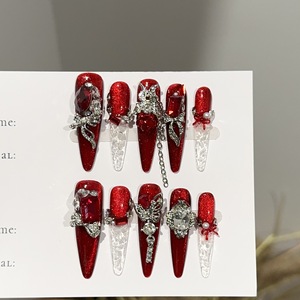 <span class=keywords><strong>Uñas</strong></span> Postizas Acrílicas Hechas a Mano de Alta Gama, Diseño de Encaje Blanco con Pedrería, <span class=keywords><strong>Uñas</strong></span> Stiletto - Product Image 4