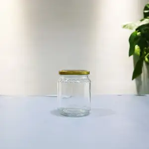 12oz 360ml Clear Round Honey Comb Embossed Glass Canning Jar with Airtight Metal Lug for Jam Butter Spice