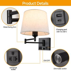Lampe murale <span class=keywords><strong>de</strong></span> lecture à intensité variable avec abat-jour en tissu <span class=keywords><strong>de</strong></span> lin, applique murale à bras articulé à brancher pour chambre à coucher, hôtel, décoration intérieure - Product Image 5