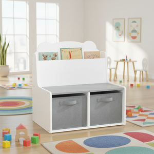 Étagère murale Ours Mignon, Armoire de rangement <span class=keywords><strong>pour</strong></span> enfants blanche et grise avec bacs en tissu <span class=keywords><strong>pour</strong></span> salle de jeux - Product Image 1
