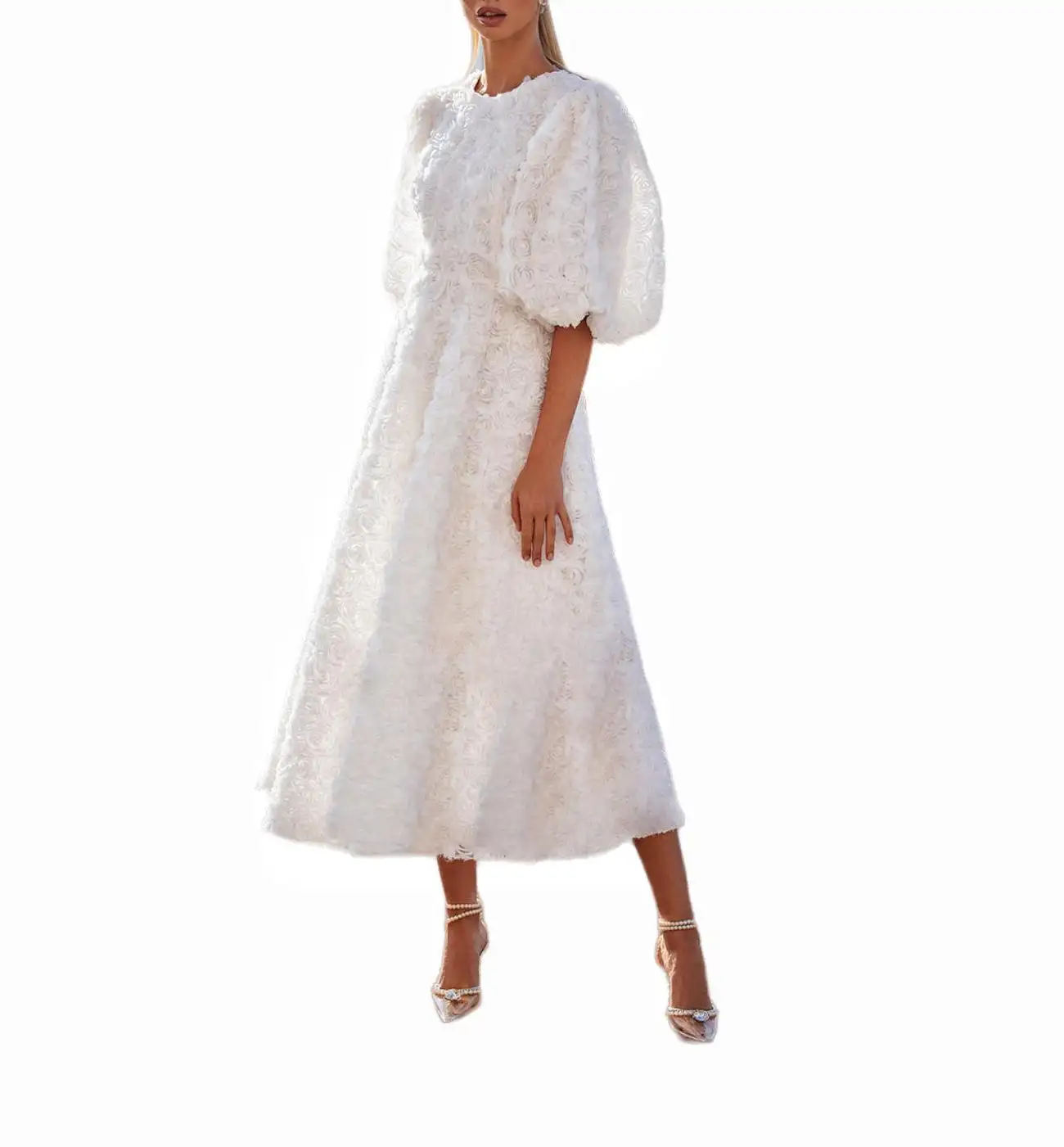 फैशन 3डी त्रि-आयामी फूल लालटेन आस्तीन पोशाक महिलाओं की लंबी आरामदायक पोशाक सफेद पोशाक