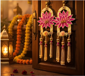 Traditional Pink Flower Wall Hanging With Gold Embroidery And Beads For Diwali Indoor Decor - Product Image 1