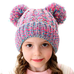 <span class=keywords><strong>Bonnet</strong></span> d'hiver pour enfants, en tricot épais et doux, à deux tons, à revers à carreaux, avec double <span class=keywords><strong>pompon</strong></span> et oreilles - Product Image 1
