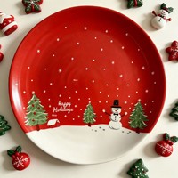 Assiette à dessert en céramique de Noël Bonhomme de neige rouge, design mignon de dessin animé, forme plate, compatible micro-ondes et lave-vaisselle, style Instagram