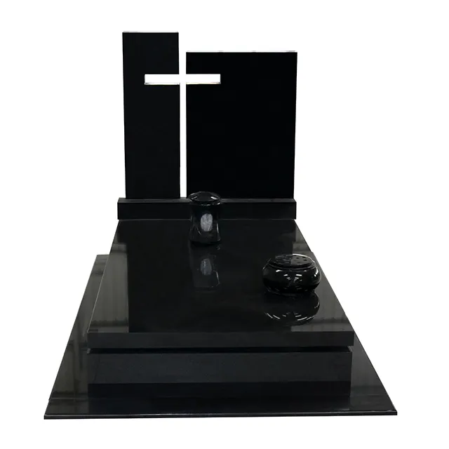 Portugal Style Large Double Bases Absolute Black Marble Granite Headstones Tombstones with Cross Design