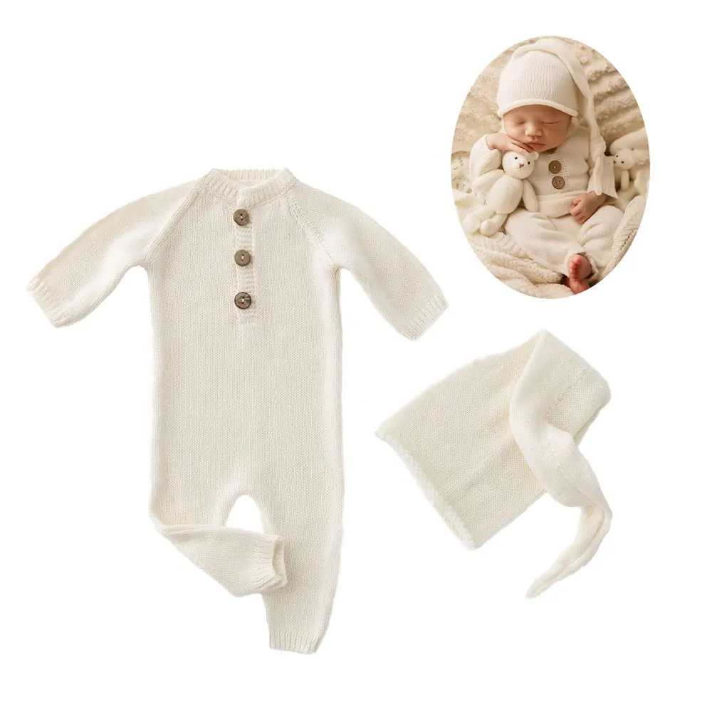 Unisex Baby Photography Outfit Knitted Romper Long Tail Hat Set Solid Color Newborn Photography Clothes