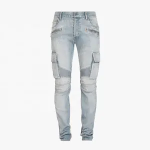 YUEGE新定制堆叠风格Jean为男士货物口袋摩托车牛仔裤子