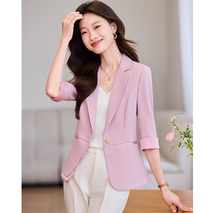 Light Blue Women's Blazer Slim Fit Solid Color Polyester Anti-Wrinkle Spring Summer Casual Suit Jacket For Petite Women - Product Image 3