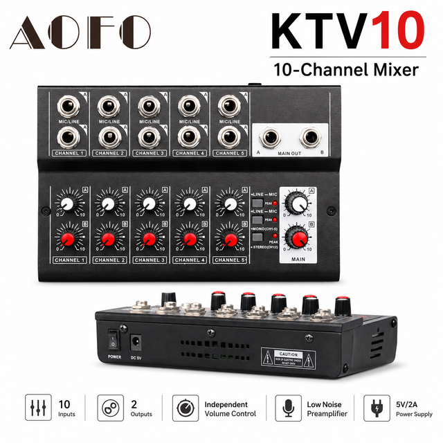 10 Channel Professional Audio Mixer Compact Mixing Console Low Noise Audio Mixer for Karaoke KTV Stage Recording Sound System