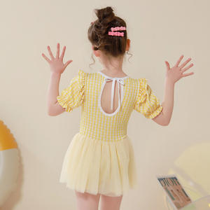 Traje de Baño de una Pieza para Niñas Baiya, Amarillo a Cuadros, Estilo Princesa, Malla Elástica, Secado Rápido, 6-10 Años - Product Image 4