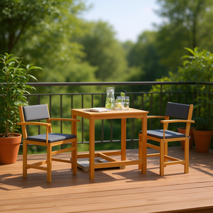 Set da balcone in legno massello di acacia a 3 pezzi con cuscini, set di mobili da giardino per esterni - Product Image 2