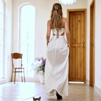 Robe longue sexy pour femme en polyester/coton, décolleté plongeant, bretelles spaghetti, fentes latérales, froncée, idéale pour les vacances, mariages, anniversaires, cocktails et soirées
