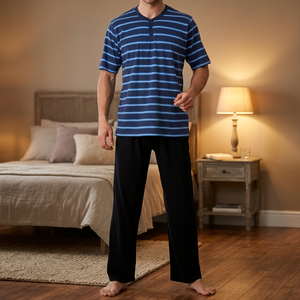 Ensemble de pyjama long décontracté pour homme – Tissu en jersey tricoté 100 % coton teint en fil, confortable et respirant - Product Image 3