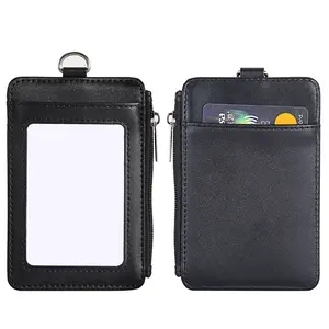 Quality Genuine Leather ID Badge Card Holder Wallet 2 Card Slots Badge Holder with Zipper Neck Lanyard Strap for Offices