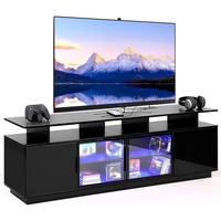 Meuble TV moderne en bois sur mesure avec LED, chargement USB, finition noir brillant, centre de divertissement avec porte en verre, rangement facile à installer