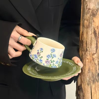 Tasse à café en céramique à motif floral style frais – Design rétro de luxe léger 300-350 ml, violet, cadeau idéal pour mariage, fête, anniversaire