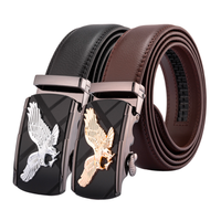 Ceinture à cliquet en cuir véritable pour hommes, noir et brun, de qualité supérieure, amovible, automatique, boucle coulissante plate en or et argent avec aigle