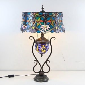 LongHuiJing Tiffany Style Lamp 18 Inch Antique Red Flower Stained Glass Lamp Shade Lamp With Glass Luminous Base - Product Image 2