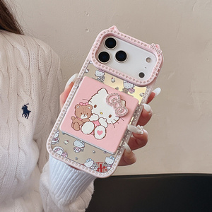 Funda para teléfono móvil con diseño de gato KT de dibujos animados, espejo y soporte, para iPhone 17 Air 16 15 Pro Max, con soporte plegable, oreja de oso y diamantes, cubierta trasera bonita - Product Image 6