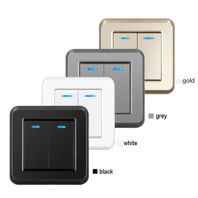 2 Gang 1 Way Residential Wall Switches with LED and PC Panel European Standard Durable