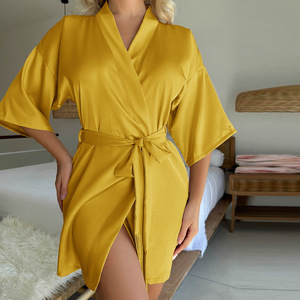 Pijamas de Seda Satinada al por Mayor, Pijamas Sexys para Mujer, Color Sólido, Talla Grande, Camisón Transpirable, Pijamas de Verano - Product Image 5