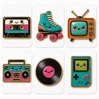Aimant de réfrigérateur en émail rigide en métal, style Kawaii Y2K Rétro, motifs mignons : Cassette, Boombox, Patins à roulettes, TV, Vinyle, Game Boy
