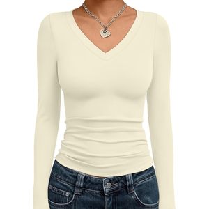 Blusa de punto ajustada con cuello en V y manga larga para mujer, estilo Y2K, para uso diario. - Product Image 1