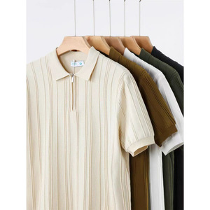 <span class=keywords><strong>Polo</strong></span> tricoté à demi-zip pour <span class=keywords><strong>homme</strong></span>, fin, décontracté, à manches courtes, rayé, pour l'été - Product Image 2