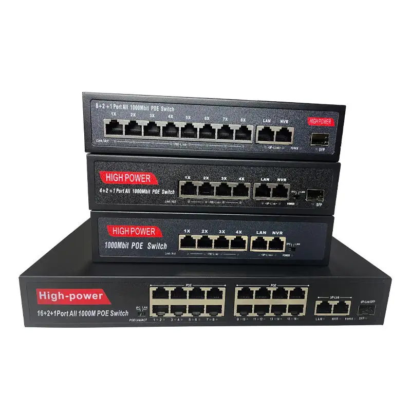 Conmutador Gigabit de 400W, 4/8/16/24ch, Puerto Ethernet, conmutador Poe, Red de 250m con fuente de alimentación integrada