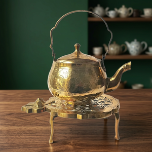 <b>Vintage</b> Brass Tea <b>Kettle</b> With Lid Metal Handle Ornate Design Stand Included - Product Image 3