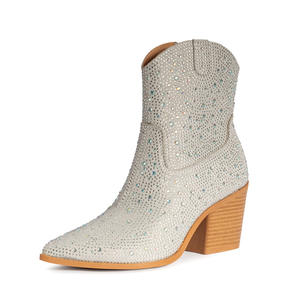 Botas Chelsea de tacón grueso brillante con diamantes de imitación para mujer, botas cortas al tobillo con cremallera lateral Vintage para mujer, <span class=keywords><strong>calzado</strong></span> de mujer - Product Image 1