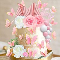 Rosa Rosen-Schmetterling Tortendekorations-Set Goldener Papierfächer Eukalyptusblatt Happy Birthday Topper Frauen Party-Zubehör