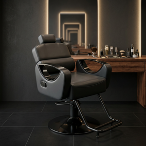 Nouveau fauteuil de barbier inclinable noir avec structure en acier inoxydable et siège en cuir pour usage scolaire et commercial - Product Image 2
