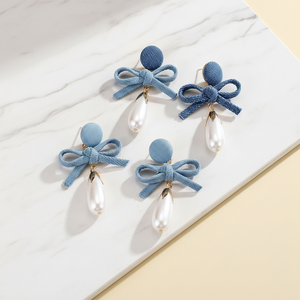<span class=keywords><strong>Orecchini</strong></span> Vintage con Fiocco in Denim e <span class=keywords><strong>Perle</strong></span> Finte, Stile Europeo e Americano, Gioielli Artigianali Blu per Donna - Product Image 6