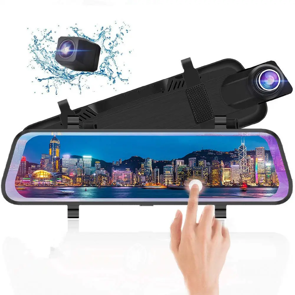 10 Inch Mirror Dash Cam Full Touch Screen, Backup Camera Stream Media 1080P 170 Front and 1080P 150 Wide Angle Full H