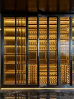 Armoire à vin de luxe moderne minimaliste en acier inoxydable et bois massif avec éclairage LED, capacité 120 bouteilles, pour maison, bar ou villa