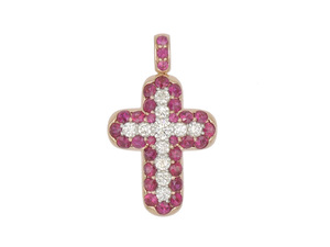 Collier religieux pour femme avec pendentif croix en zircon cubique rose et blanc, plaqué or rose, bijoux fins - Product Image 1