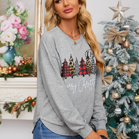 Sweat-shirt en molleton français pour femme, imprimé léopard et sapins de Noël, avec logo DTF personnalisé, pour détaillants en ligne